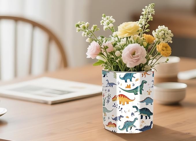 WAVEYU Pen Holder, Pencil Cup for Desk, Cute Desk Organizer, Durable Ceramic Decorative Makeup Brush Desktop Accessories, Stylish Stationery for Office, Home, Cute Dinosaur Pattern