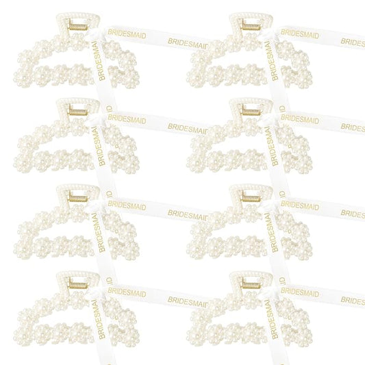 DEEKA Bridesmaid Proposal Gifts 8 Pack Pearl Bridesmaid Hair Claw Clips with Ribbon 3 Inch Hair Clips Bachelorette Party Favors Bridal Party Present Hair Accessories (Half Circle)