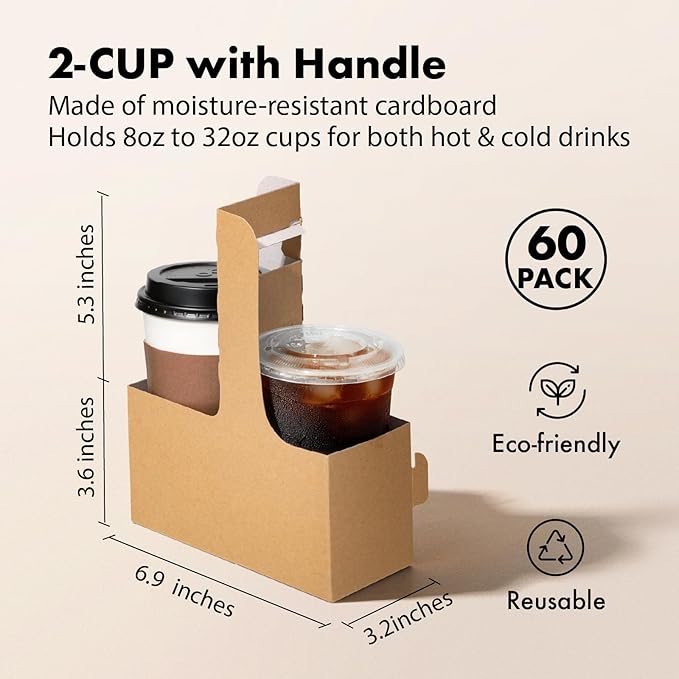 FMP Brands 2 Cup Disposable Drink Carrier with Handle, 60 Pack Kraft Paperboard Handled Drink Carriers 12-30 oz to Go Coffee Cup Holder, Cup Carrier for Cold Hot Drinks, Valentine Mother's Day
