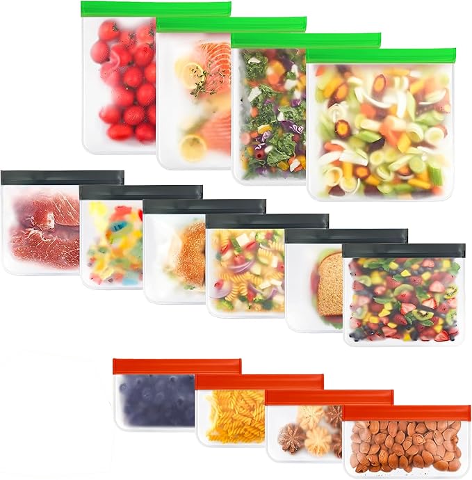 14-Pack Reusable Silicone-Style Ziplock Food Storage Bags – BPA-Free, Leakproof with 4 Snack, 6 Sandwich & 4 Gallon Sizes – Extra Thick, Freezer Safe & Eco-Friendly for Kitchen, Meal Prep & Travel