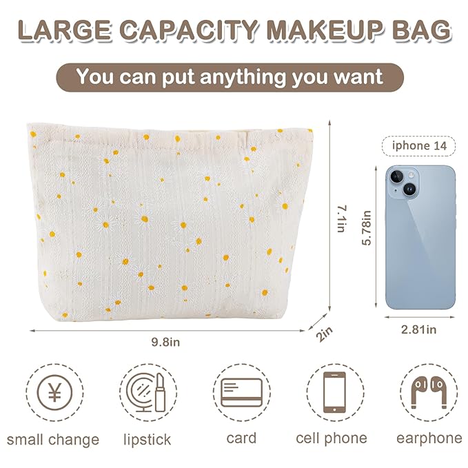 ZLFSRQ Daisy Flower Makeup Bag Travel Cute Floral Cosmetic Bags for Women Large White Toiletry Pouch Zipper Cosmetic Pouch for Purse Aesthetic Makeup Organizer Bag Portable Toiletry Bags