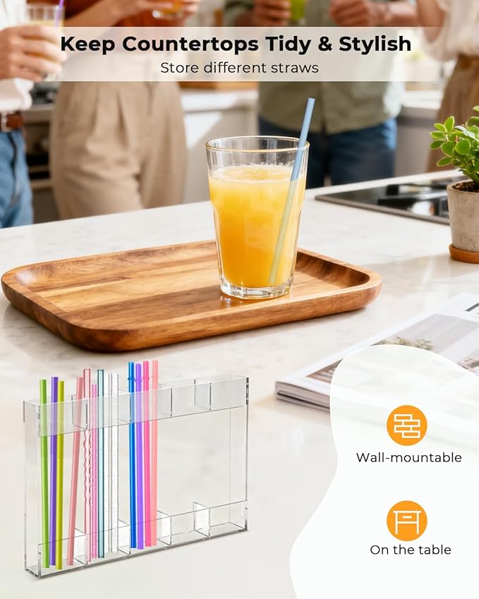 Straw Holder, Straws Organizer, Kitchen Counterware Storage Rack, Features Strong Adhesive Double-Sided Tape, Suitable for Countertops and Cabinets (Transparent)