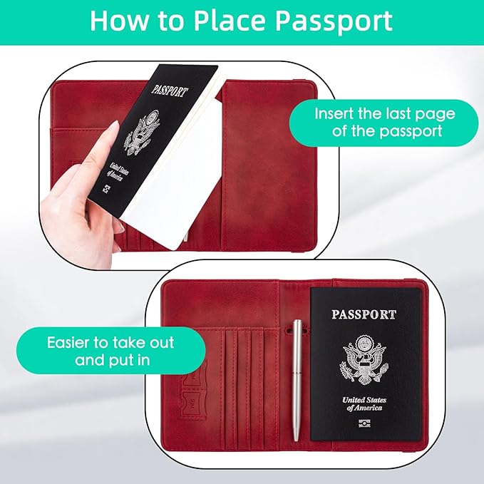 WALNEW Passport Holder for Travel, RFID Passport Cover Wallet for Women Men, PU Leather Passport Book Card Holder Case with Pen, Travelling Essentials for Flying