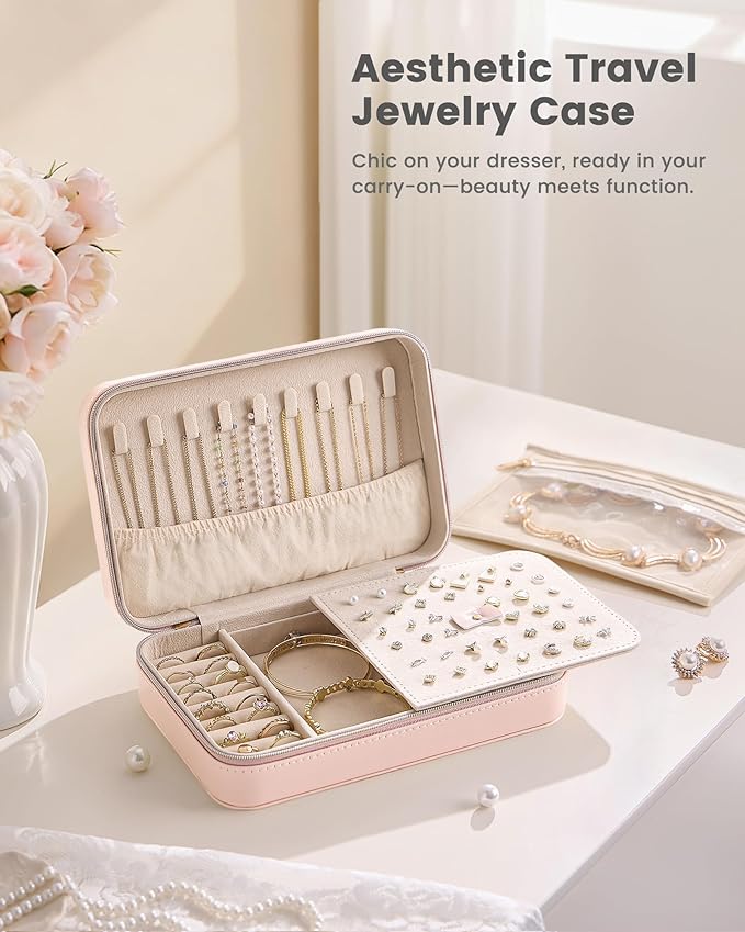 Lolalet Travel Jewelry Case for Women Girls, Travel Jewelry Organizer with Clear Storage Bag Small Portable Jewelry Box for Necklace Bracelet Earring Ring Valentine's Bridesmaid Gifts -Large/Pink