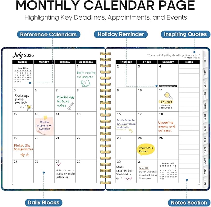 Planner 2026-2027, Academic Year Monthly and Weekly Calendar Planner, Jul 2026 - Jun 2027, Hardcover Teacher Student Planning Agenda book with Tabs, Perfect for School Office Supplies, 6.3" x 8.5" - Starlit Peaks
