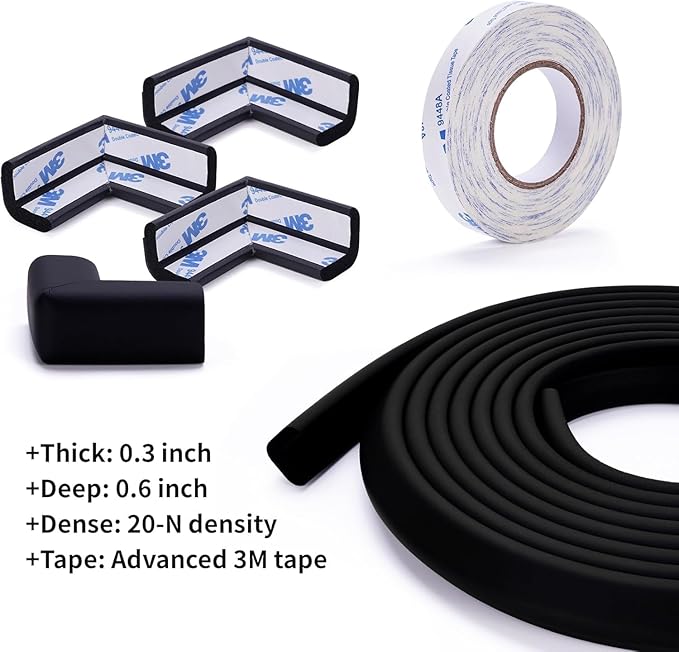 Baby Proofing Edge and Corner Guards, (16.4ft Edge + 4 Corners) Safety Furniture Bumper, Baby Corner Protector for Fireplace, Table, Stair, Cabinet, 3M Adhesive, Black