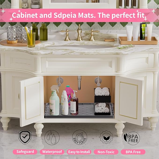 Sdpeia Under Sink Mat 19"×19" Waterproof Silicone Cabinet Liner & Sink Protector for Kitchen & Bathroom, Multi-Purpose Organizers Tray for Pets, Laundry, Cat Litter Mat,Gray