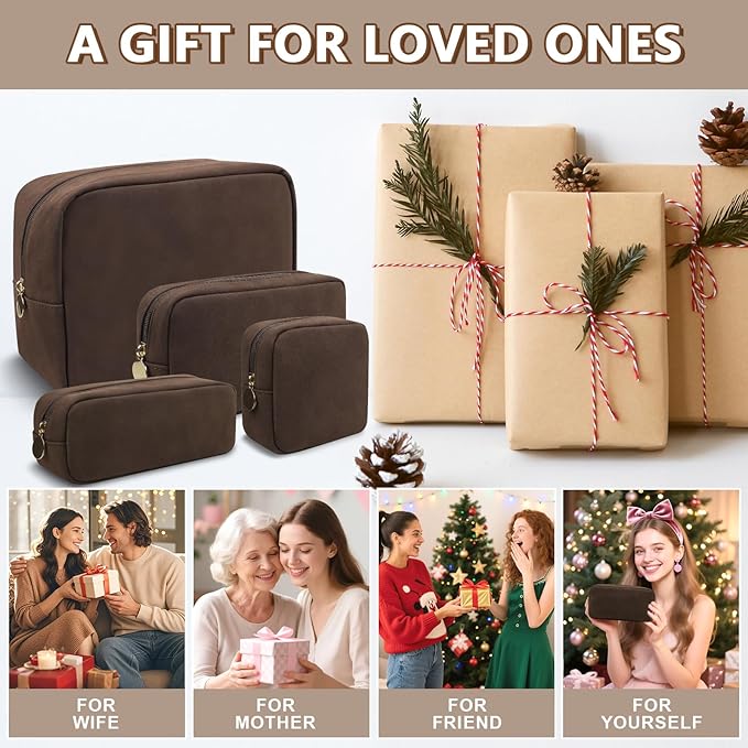 Waterproof Small Makeup Bag for Purse,Cute Pouch Preppy Suede Makeup Brush Holder with Zipper,Girls Teens Portable Storage Case Small Travel Toiletry Bag for Office(Slim-Coffee)