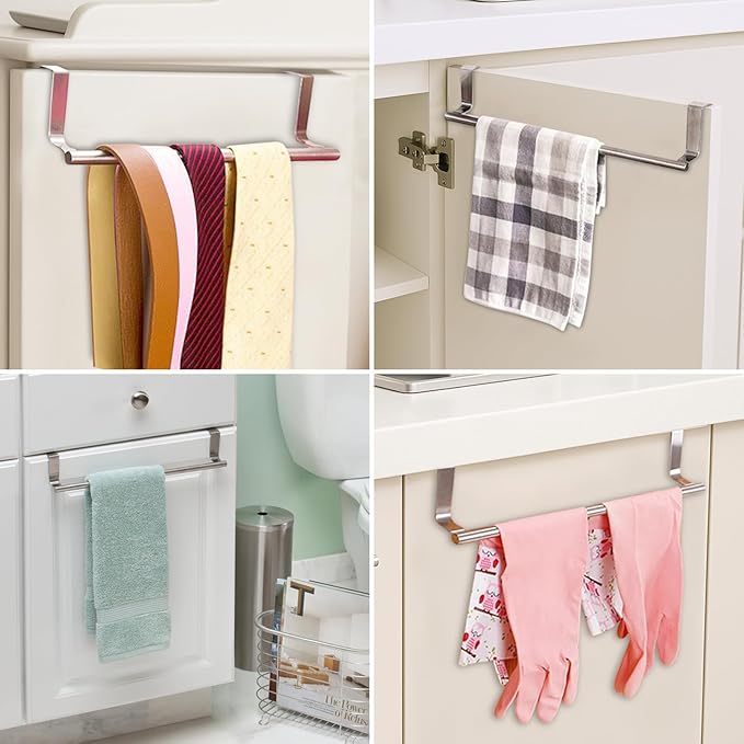 Over Cabinet Towel Bar with Hooks, 14 Inch Brushed Stainless Steel Over The Door Towels Rack for Home Bathroom Kitchen, Hang on Inside and Outside Cabinets or Doors, Holds Hand Dish Towels Washcloths