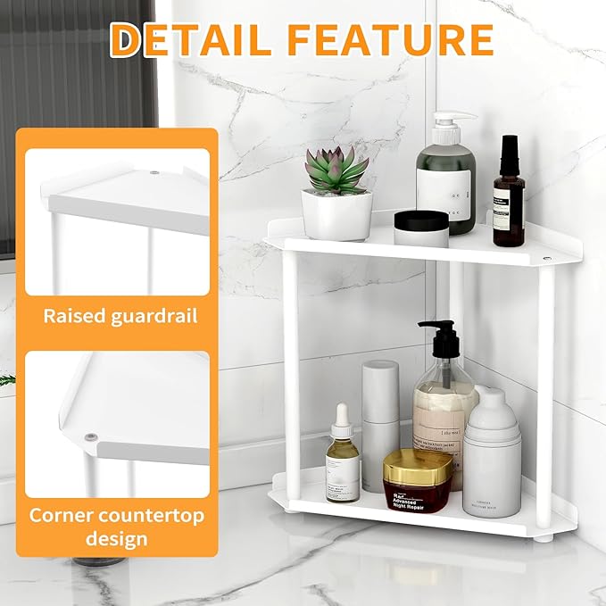 2 Tier Bathroom Counter Organizer, Vanity Organizer Corner Shelf, Skincare, Makeup Countertop Organizers, Kitchen, Bathroom Counter Storage, White