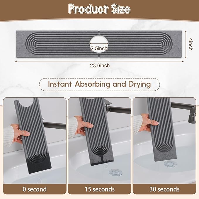 Faucet Mat for Kitchen Sink, Diatomite Quick Drying Tray, 15.8 Inch Kitchen Sink Splash Guard and Bathroom Stone Tray for Counter. Super Absorbent. Deep Grey.