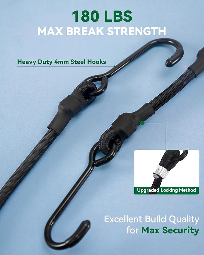4 Pcs 180 Lbs Real Heavy Duty Bungee Cords with Rust Resistant Steel Hooks, 80 Inch Black Bungee Straps with 2X Stretch & UV Protection, Perfect for Camping, Tarps, Tent, Bike, Luggage
