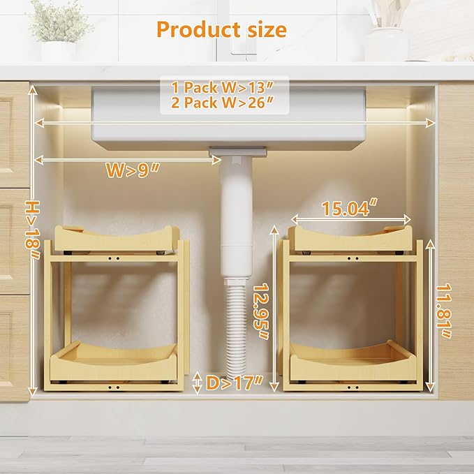 Wisuce Essentials Bamboo Under Sink Organizer Adjustable Height 2 Tier Bathroom Organizer Pull Out Cabinet Storage Kitchen Heavy Duty Wood Slide Out Shelf for Kitchen Bathroom (Nature, 2 Packs)
