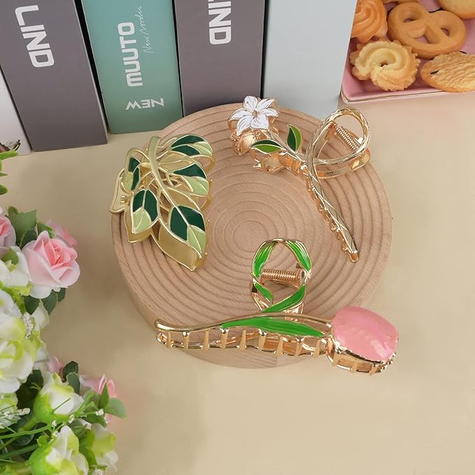 3-Piece Flower Metal Hair Accessories: Pink Tulip Floral Hair Claw, Elegant Lily Barrettes, Cute Leaves Hair Clips for Thin/Medium Thick Hair with Strong Hold and Non-Slip Design