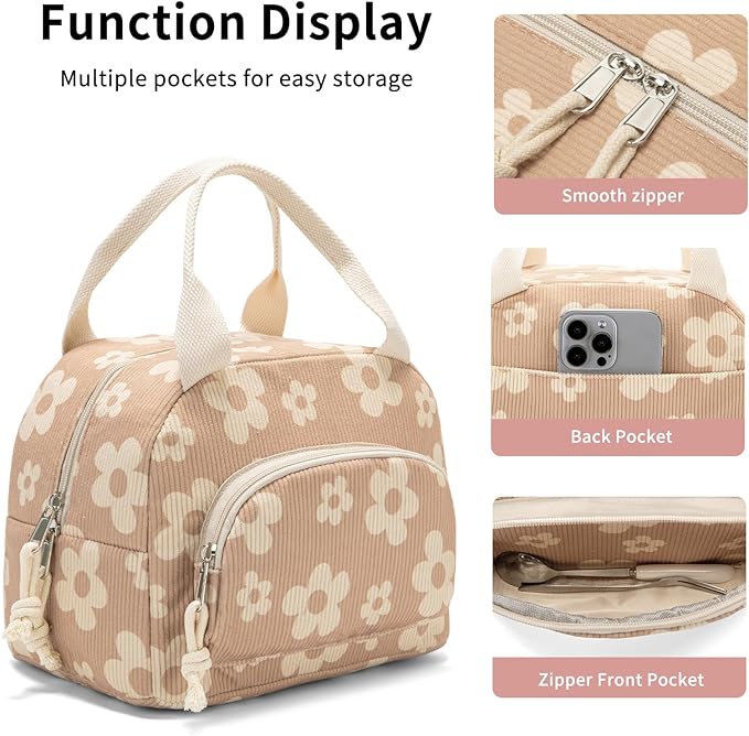 Lunch Bag Women Lunch Box for Women Adult Cute Insulated Lunch Bag Small Cooler Lunch Tote Bags for Work Picnic Travel (Brown-Flower)