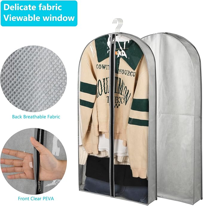 3 Pack 40" Garment Bags for Hanging Clothes Storage, Clear Suits Covers with 4" Gussets for Closet Storage Travel, Plastic Protector for Coat, Jacket, Sweater, Shirts