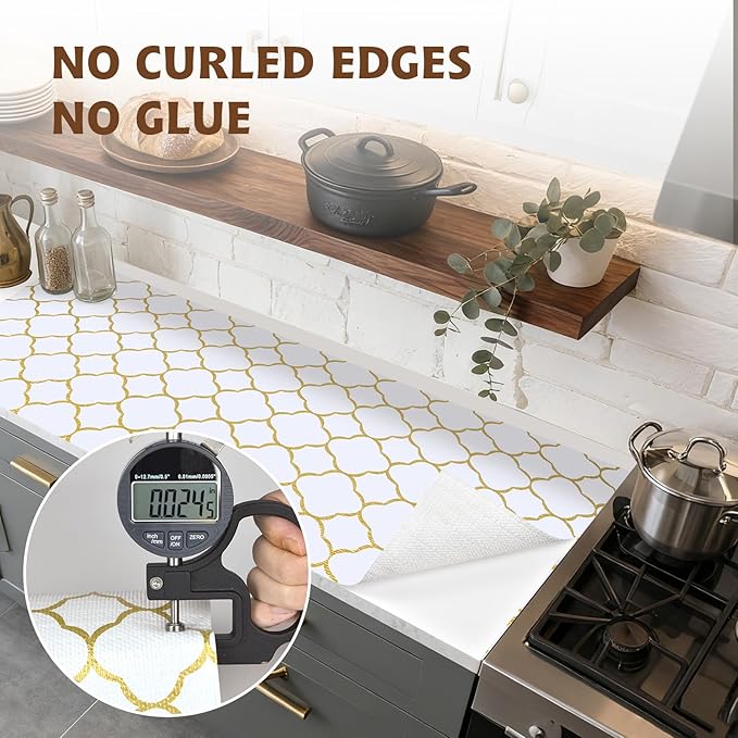 Shelf Liners for Kitchen Cabinets 17in x 30FT Non Adhesive Drawer Liner Gold Quatrefoil Thickened Shelf Liner Paper Strong Non-Slip Easy to Clean for Tool Box Refrigerator with Knife and Tape Measure