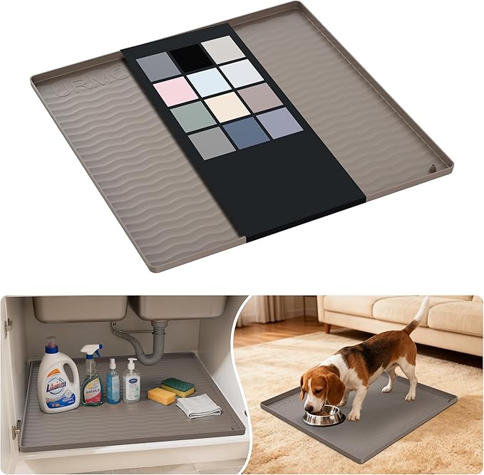 URMONA Waterproof Silicone Under Sink Mat 19'' x 19'' Shelf Liner for Kitchen and Bathroom, Cabinet and Counter Protector, Storage and Organizers, Litter Mat, Pet Cat Puppy Essentials(Beige)