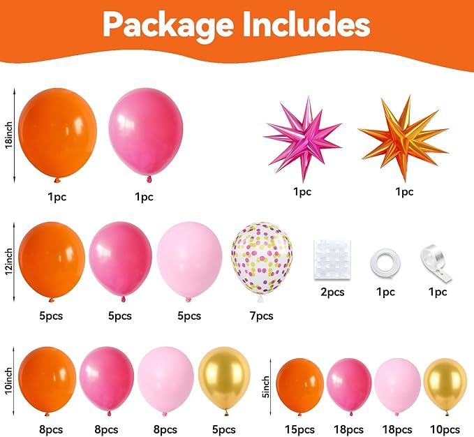 Pink Orange Balloon Garland Arch Kit, 120Pcs 18/12/10/5 Inch Hot Pink Orange Metallic Gold Latex Balloons with Star Foil for Birthday Summer Tropical Wedding Party Decorations