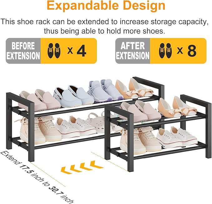 Detsuk 2-Tier Expandable Shoe Rack (17.5"-30.7") – Adjustable Heavy-Duty Metal Shoe Organizer Shelf for Closet, Entryway, Mudroom & Garage – Durable Freestanding Storage, Black