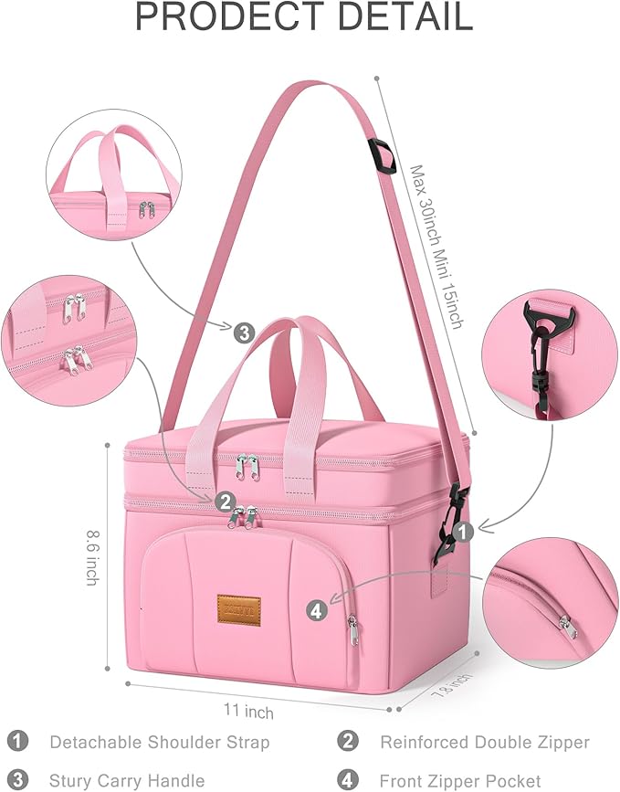 Rnivvi Lunch Box for Women, Double Decker Insulated Cooler Bag Lunch Bag Reusable Leakproof Tote Lunch Container with Strap for Work Family Picnic Hiking Camping, 18 Cans 12L, Large Adults, Pink