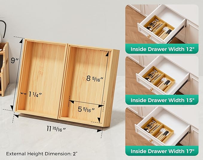 Bamboo Kitchen Drawer Organizer Boxes – 9" x 6" Stackable Wood Silverware Utensil Tray for Drawers Bins, Cutlery & Flatware Storage – Wooden Organizers Set of 2 for Junk Drawer, Bathroom, RV