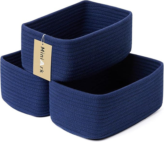 MiniArk Small Storage Baskets for Organizing | Closet Organizer Bins | Shelf Toy Basket | Woven Rope Baskets | Cube Decorative Box | Shallow Basket | 11.5x7.5x4.7” | 3 Packs Navy Blue