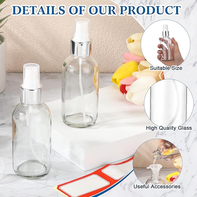 Fumete 2 Pack Glass Bottles 4oz Empty Refillable Liquid Containers with 1 Label 1 Funnel for Essential Oils Hair Travel Plants Cleaning Skin Care(Clear, Silver Top,Mist Bottle)