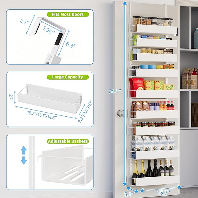 Over The Door Pantry Organizer, 9-Tier Pantry Organization and Storage, Hanging Door Spice Rack Shelves, Home & Kitchen Organization, Laundry & Bathroom Essentials, White