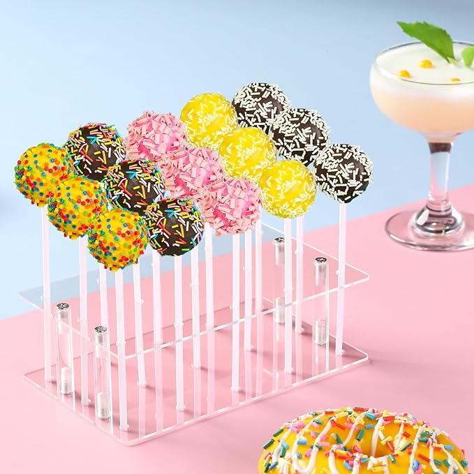 HENABLE 2 Pack Cake Pop Stand with Sticks & Wrappers, 15 Holes Acrylic Cake Pops Holder Disply, Clear Cake Pops Sticks Kit, Lollipop Hold Stand for Drying, Dessert Table, Party Supplies