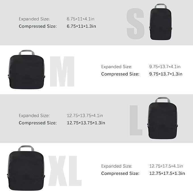 4 Set Compression Packing Cubes Travel - Travel Accessories Expandable Packing Organizers for Carry On - Essentials Luggage Bags - Black