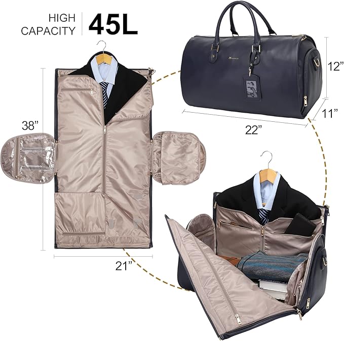 Modoker Women Convertible Leather Garment Bag with Shoulder Strap, PU Leather Garment Duffel Bag Carry on 2 in 1 Hanging Suitcase Suit Travel Bags, Blue