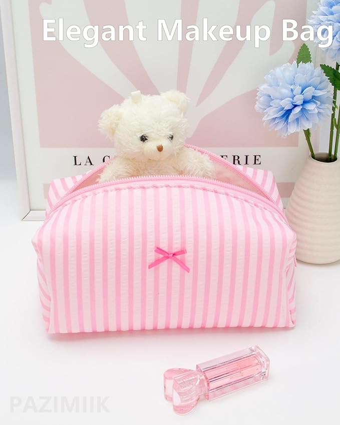 6PCS Cozy Makeup Bag Small Aesthetic Travel Zipper Cosmetic Pouch for Women Make Up Beauty Accessories Brushes, Stripe Cute Pink