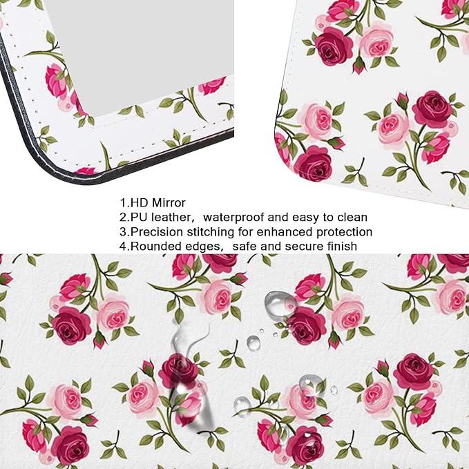 Mirror Folding Portable Travel Makeup Compact Personal Hand Mirror PU Portable Adjustable Rectangular Ultrathin Vanity Mirror with Stand, for Travel, Camping,Home, Office & On-The-Go (Rose Pattern)