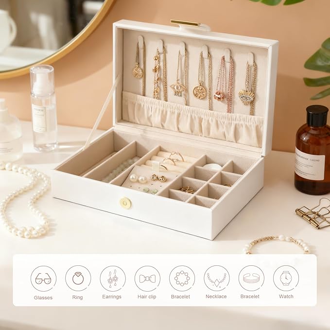 Jewelry Box Travel Jewelry Case Anti-Tarnish Single Layer Organizer for Rings, Earrings, Pendants, Necklaces Compact for Home Storage White