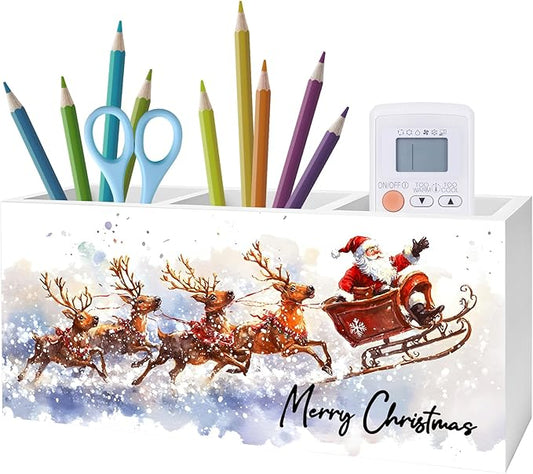 Winter Christmas Santa Pen Pencil Holder for Desk, Christmas Office Decor, Snowy Xmas Santa Claus and Reindeer Wooden Box Block Sign for Home Office Desk Tabletop Decoration