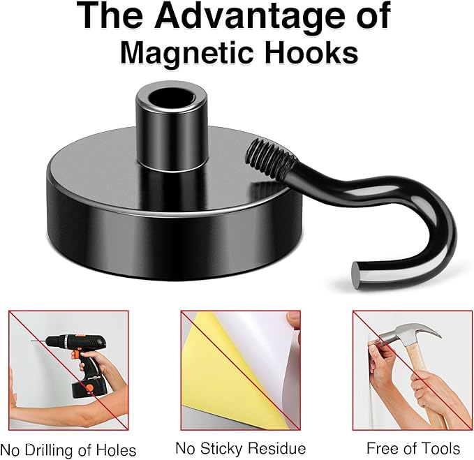 MIKEDE Magnetic Hooks, 50LB+ Heavy Duty Magnet Hooks for Cruise Cabins, Super Neodymium Hanging Hooks Black Strong Magnets with Hook for Fridge, Magnetic Hanger for Grill, Toolbox - Pack of 4