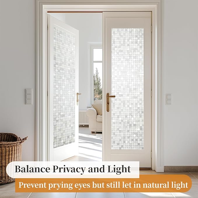 Window Privacy Film Frosted Glass Window Film Decorative, Removable Static Cling Heat Blocking Sun Blocker Front Door Window Covering for Bathroom Home Office (Mosaic, 17.5" x 78.7")