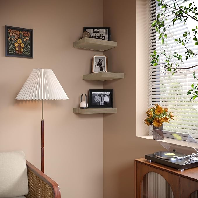 Small Floating Shelves for Wall - 12 x 9 Inch Natural Wood Shelves for Bedroom, Living Room, Bathroom, Kitchen, Office Decor Set of 3