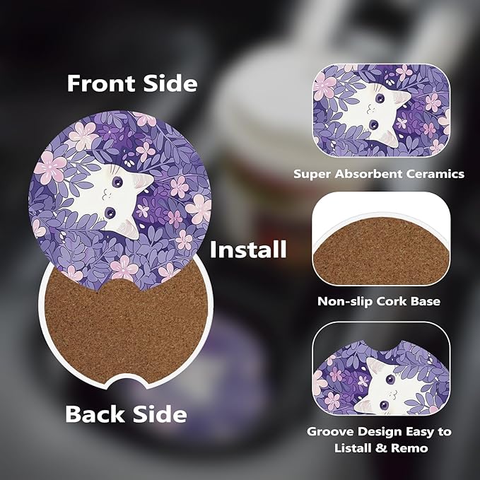 Car Cup Holder Coasters, 2 Pcs Ceramic Coasters with Cork Back and Finger Slot, Anti-Slip Shock Absorbing Women and Men Universal Car Accessories - White Little Cat