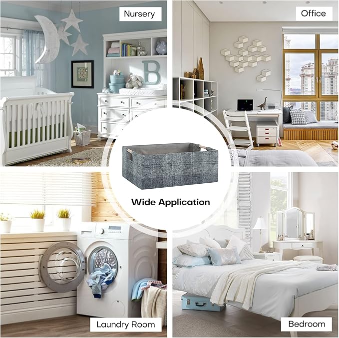 Fabric Storage Bin Box Collapsible Cotton Linen Storage Cube with Wooden Handles Rectangular Decorative Home Organizer Clothes Blanket Basket– Dark Gray Plaid, Small