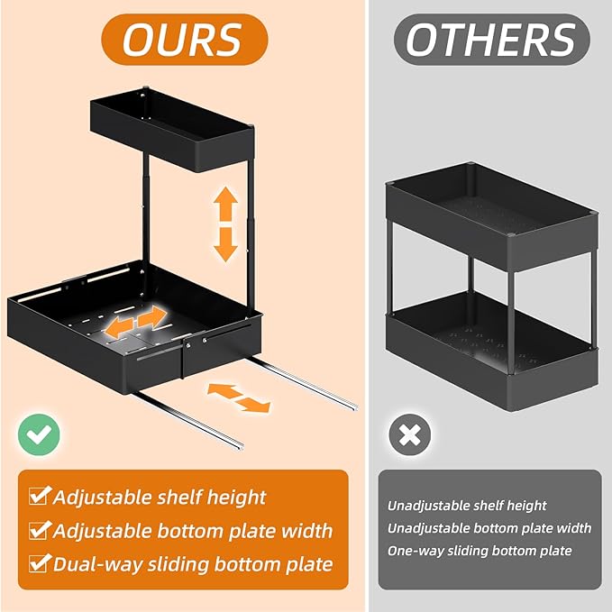 2 Packs Under Sink Organizer with Adjustable Height and Width, Under Cabinet Organizer to Tidy, Sturdy Metal Design for Kitchen and Bathroom