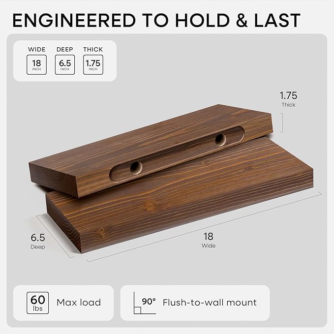 Homeforia Classic Walnut 18 inch Floating Shelf, High End Solid Real Wood Small 18-inch Floating Shelves for Wall Mounted, 18in Floating Shelves, Heavy Duty Bracket, 18 X 6.5 X 1.75 inches, Set of 4
