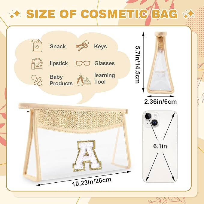 Personalized Initial Letter Bag Boho Straw Clear Makeup Bag, Small Cute Chenille Varsity Letter Bag With Zipper, Beach Travel Toiletry Bag, Portable Monogrammed Cosmetic Bag for Women Girls, A