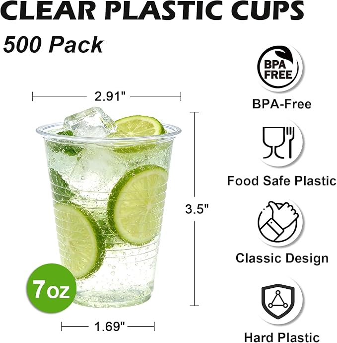 Lamosi 500 Pack 7 oz Plastic Cups, Disposable Plastic Clear Cups, Cold Drinking Water cups for Party, Wedding, Travel, BBQ, Picnic, Event