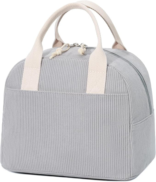 LOVELYWIND Insulated Lunch Bag for Women Men, Stylish Corduroy Tote Bag with Aluminum Lining, Large Capacity Reusable Cooler for Work, Travel, or Beach, Cloud Gray Lunch Box