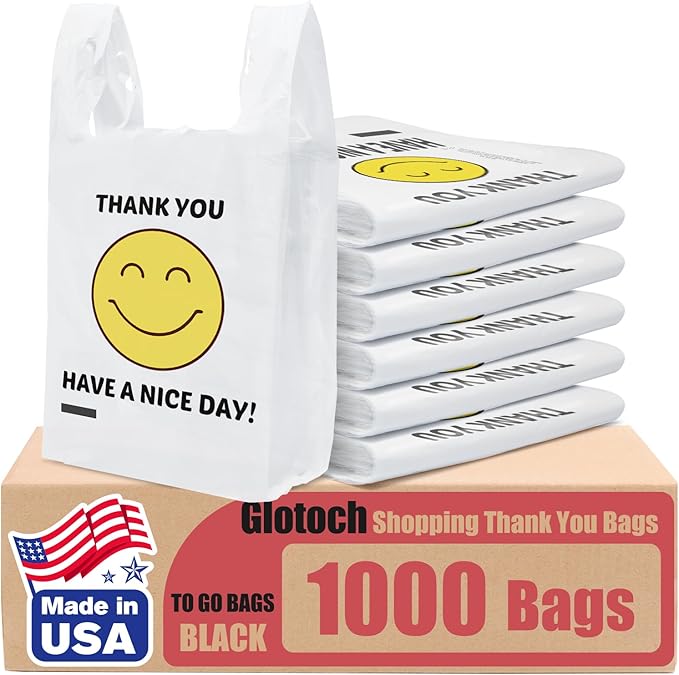 Glotoch 1000 Count Plastic Thank You T-shirt Bags Smile Face, 11.5 x 6.5x 21" HAVE A NICE DAY Grocery Shopping Gift Bag with Handle for Restaurant, Retail, Takeout, Convenience Store, in Bulk Business