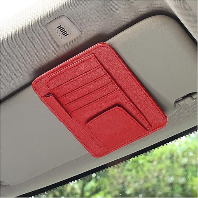 Augeny Car Sun Visor Organizer, Small Auto Visor Organizer and Storage, Registration and Document Holder, Vehicle Accessories for Sunglasses, Document, Card, Pen, Driver License (Red)