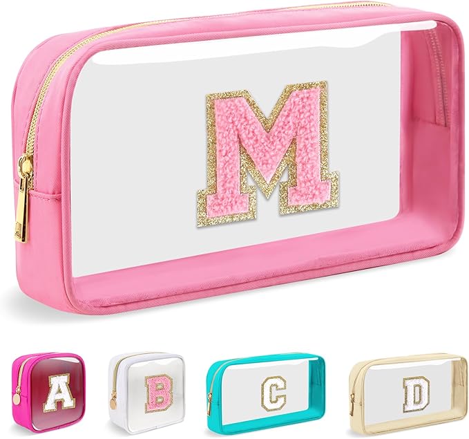 Small Clear Personalized Initial Makeup Bag,Nylon Preppy A-Z Chenille Letter Patch Cosmetic Pouch Beach Toiletry Bag,Waterproof Zipper Travel Purse Storage Bag Organizer for Women Girls(Pink-Pink M)