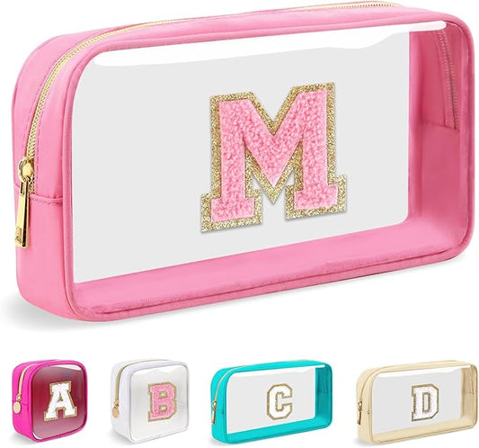 Small Clear Personalized Initial Makeup Bag,Nylon Preppy A-Z Chenille Letter Patch Cosmetic Pouch Beach Toiletry Bag,Waterproof Zipper Travel Purse Storage Bag Organizer for Women Girls(Pink-Pink M)